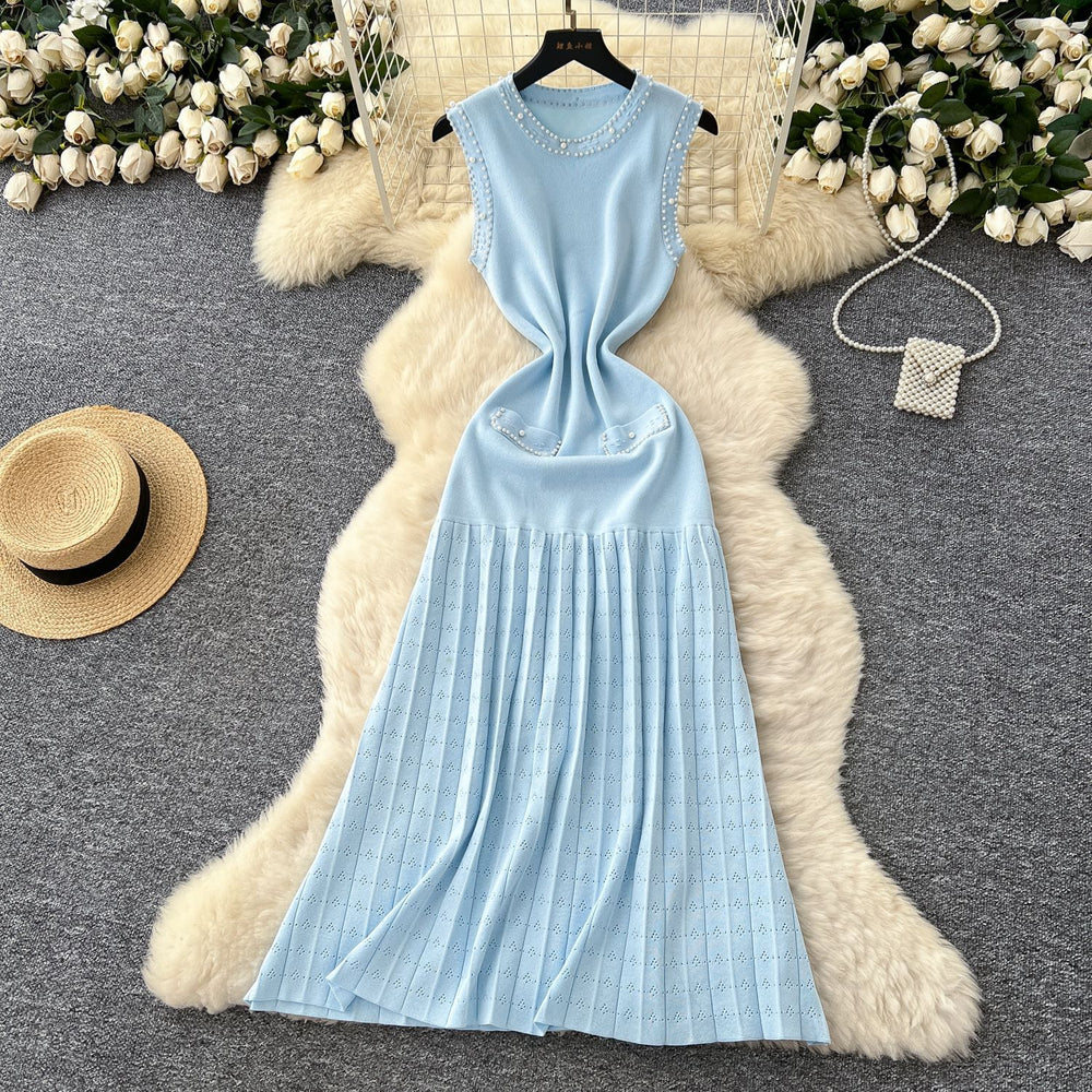 Frenchaccessible luxury celebrity heavy industry beading round neck sleeveless dress women's summer waist elegant knitting vest long skirt