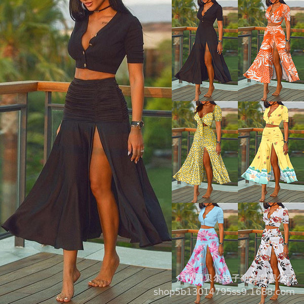 LZR10038F series European and American new short cardigan top set high split end pleated skirt