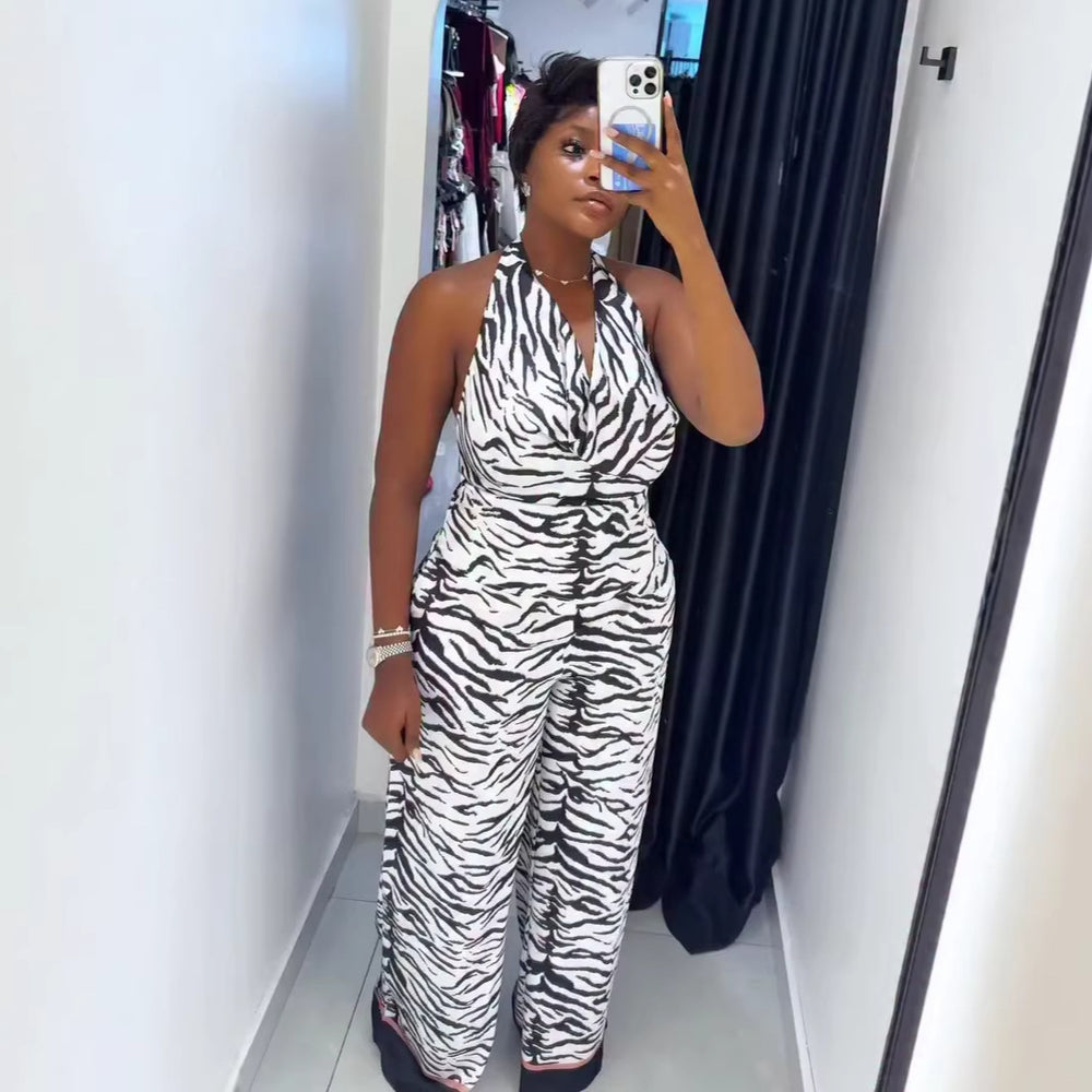 European and american cross-border african women's clothing  summer new zebra print halter neck sleeveless backless top and pants set for women
