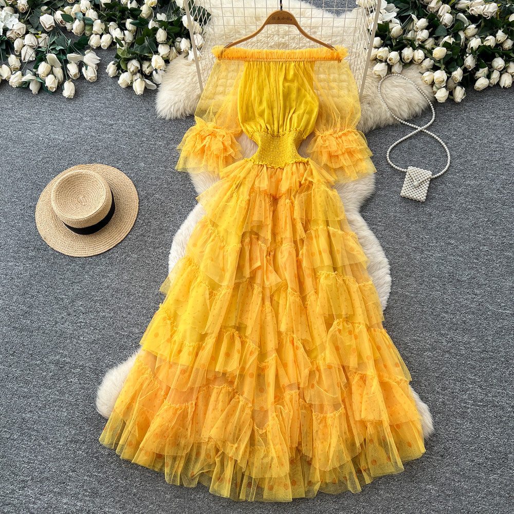 Sweet and lovely pink mesh dress for women, perfect for summer. features an off-the-shoulder design, puff sleeves, a high waist, and an a-line silhouette. an ethereal, fairy-tale style