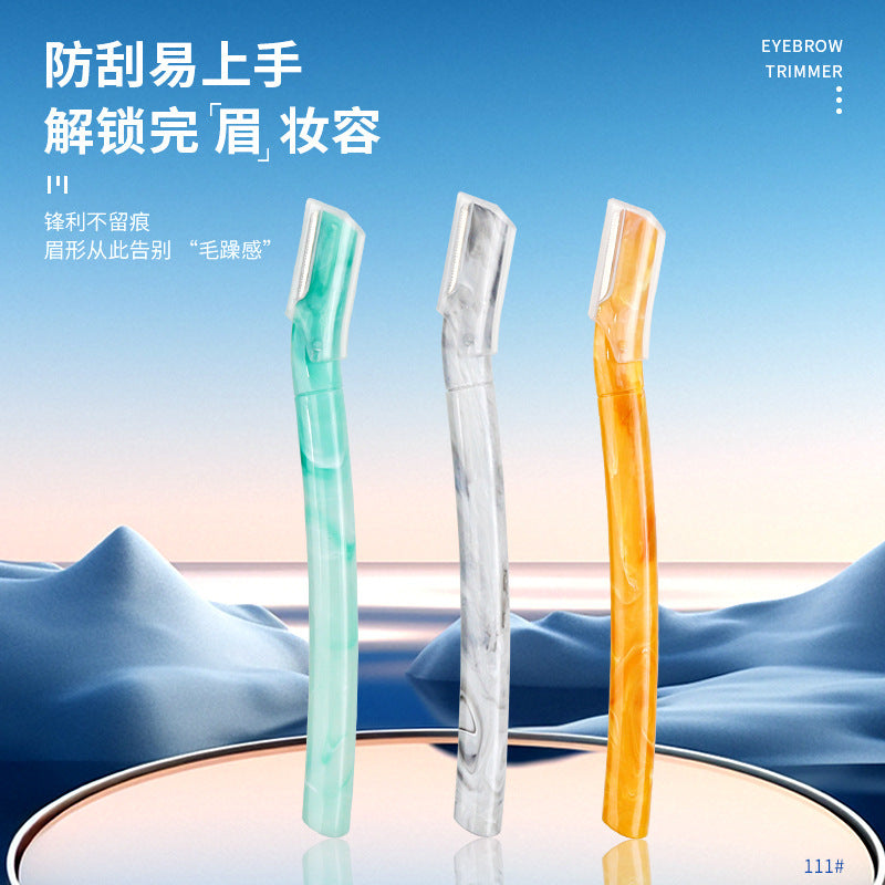 Factory custom new marble eyebrow razor straight handle with protective net stainless steel anti-scratch eyebrow knife wholesale beauty tools