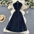 Frenchretrov neck metal buckle topstitch waist elegant sleeveless dress women's summer slimming lookelegance denim long skirt