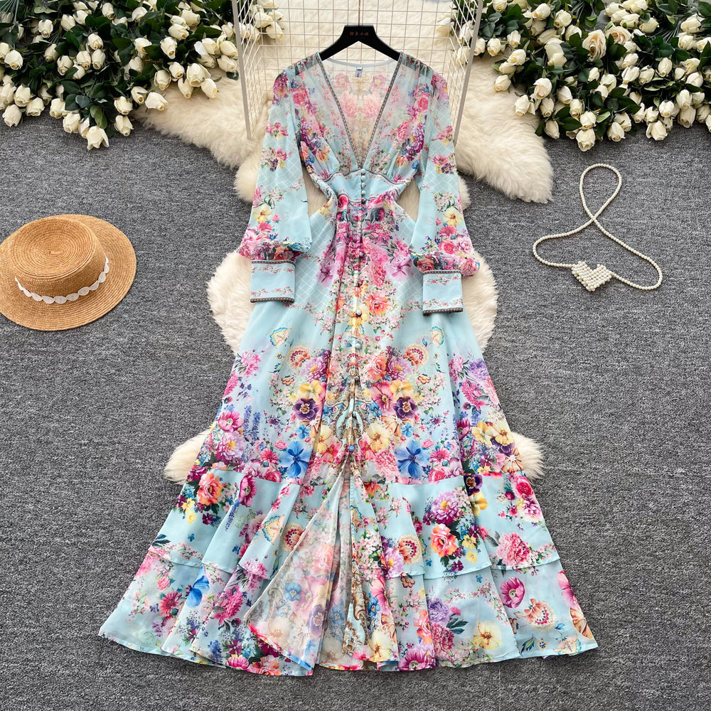 French riviera floral print flared sleeve dress - women's long sleeve tie-waist a-line maxi dress - elegant & chic