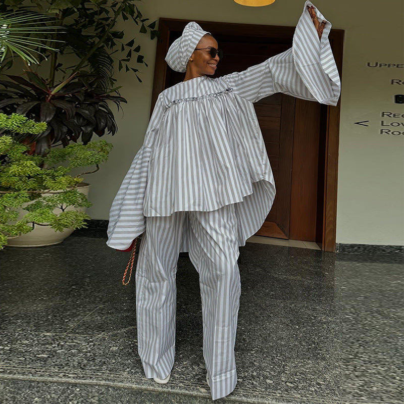 European and american cross-border women's fashion:  autumn new collection - stylish round neck, loose fit, striped long sleeve top and wide leg pants set