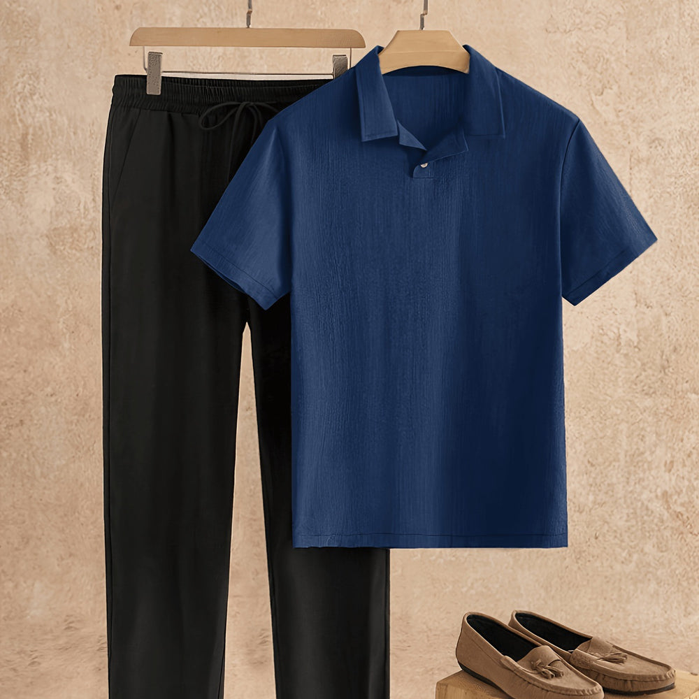 Men's summer linen-feel suit set: short-sleeve polo shirt + casual pants, versatile business two-piece outfit