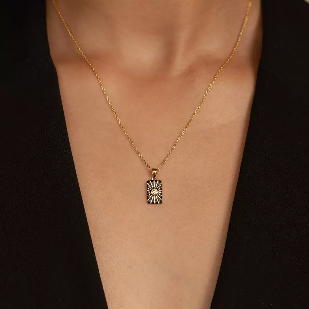 Amazon black square sun pendant stainless steel epoxy round disc tassel multi-layer necklace - unique fashion jewelry