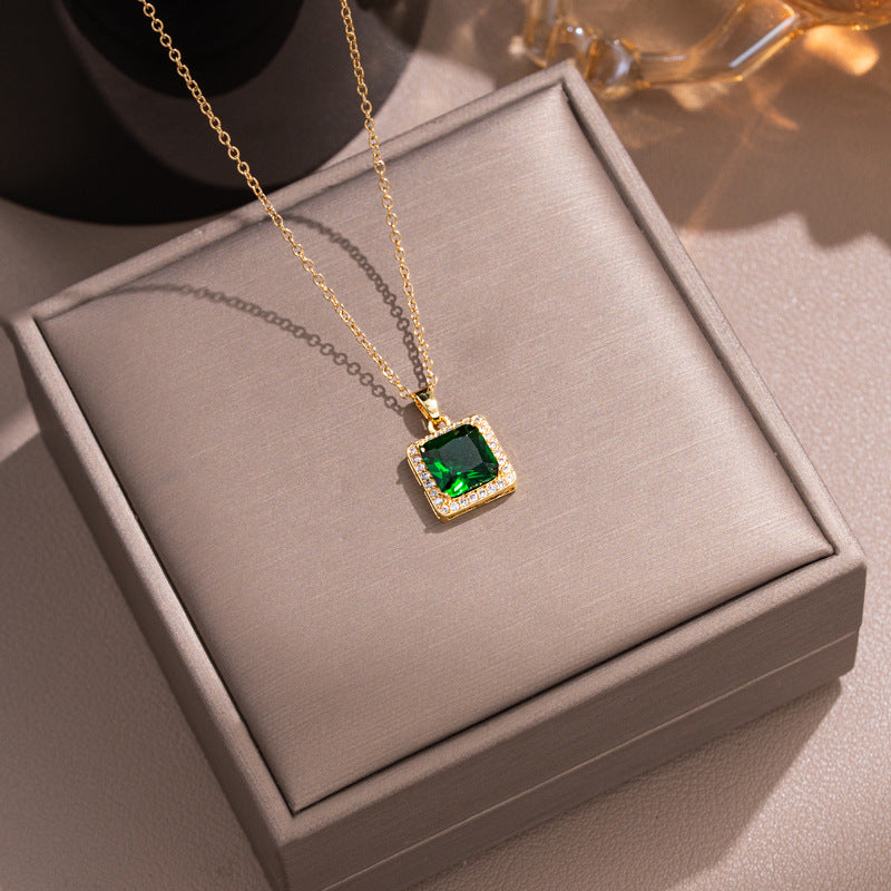 [titanium steel] emerald necklace women's square gemstone pendant earrings versatile high-end cross-border best selling clavicle chain
