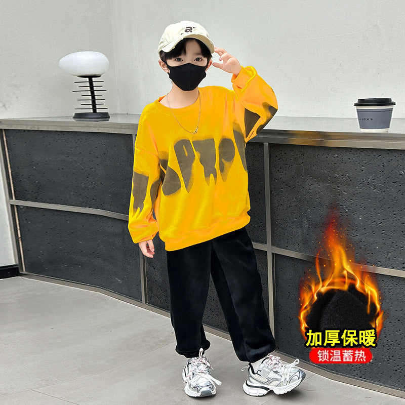 Boys' winter outfit set  new style kids' autumn and winter fashionable sweatshirt baby boy fleece-lined casual tracksuit