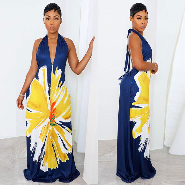 S10501 European and American, sexy, printed large size neck strap loose V-neck maternity dress dress
