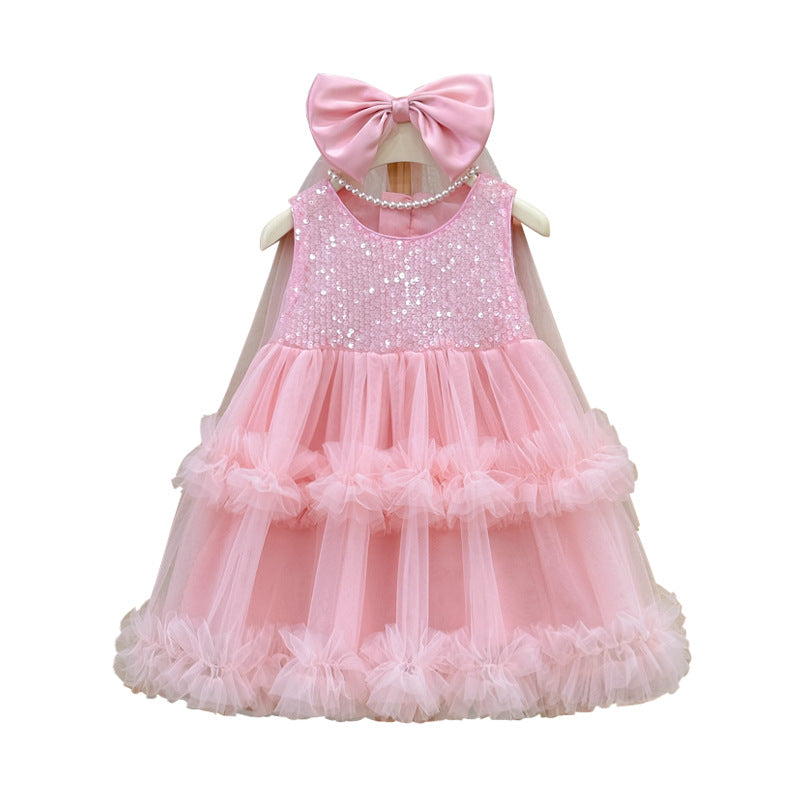 Girls' sequin mesh dress - new summer  style: chic tank dress, tiered cake dress, perfect birthday gift for your daughter