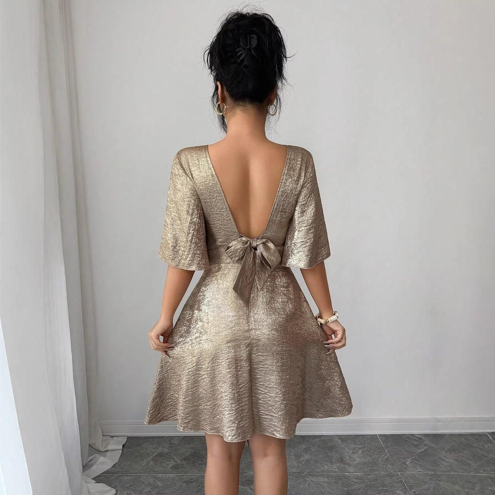 Amazon fashion cross-border women's flared sleeve backless tie-waist a-line mini dress