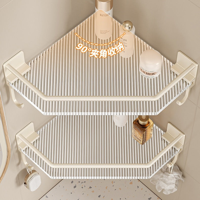 Bathroom shelf, toilet corner organizer, no-drill washroom storage, acrylic off-white tripod shelf
