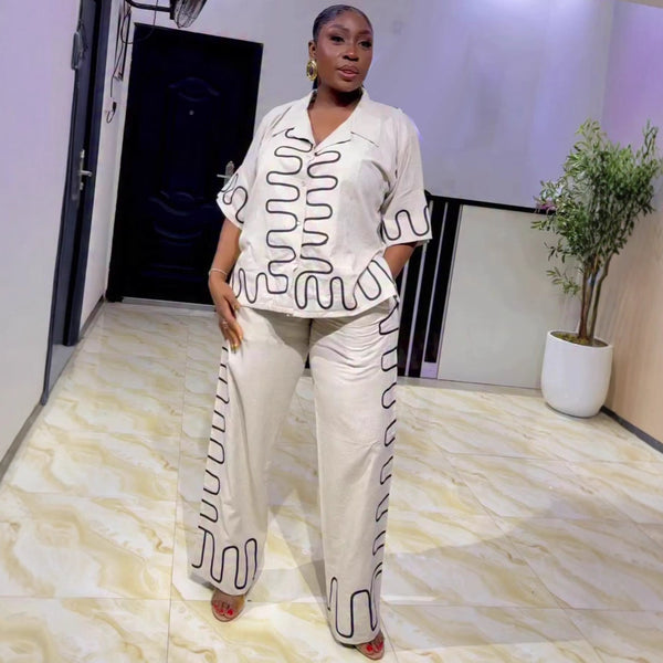 European and American large-size new women's clothing suit, suit collar temperament casual shirt trousers, African foreign style fashion two-piece set