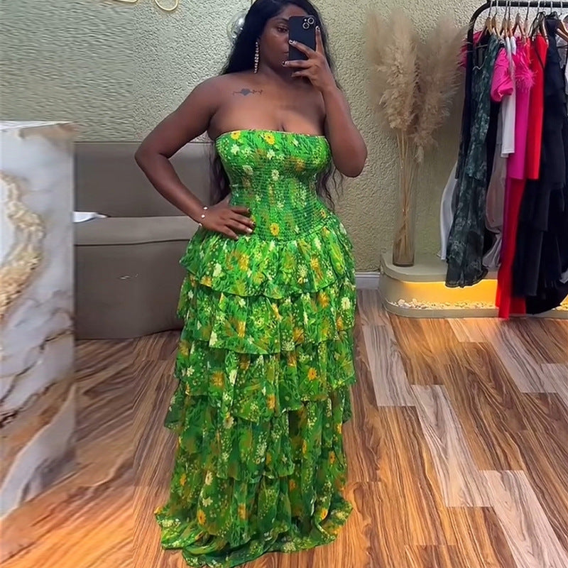 European and american cross-border women's fashion  summer new collection: fresh & chic vacation strapless printed ruffle tiered cake dress