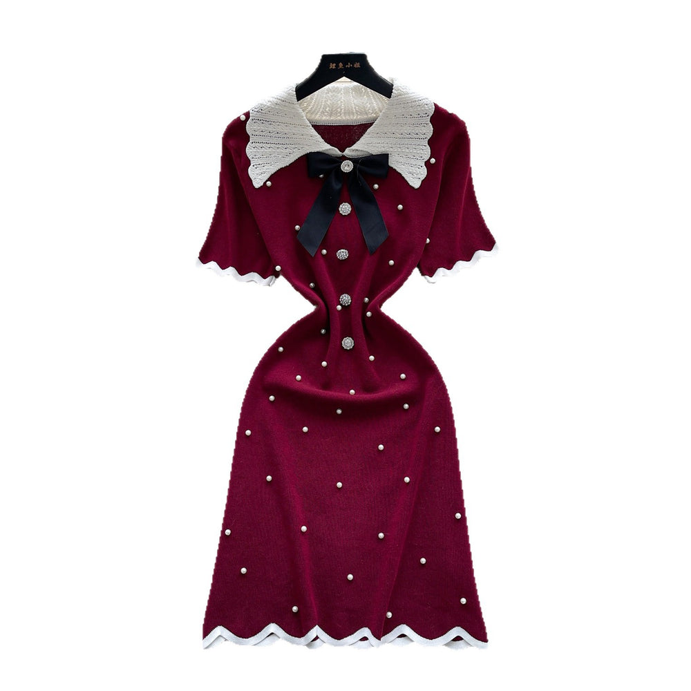 Export cross-border doll collar sweetbowsknittingdress women's summer pearl decoration waist work clothing a-line skirt