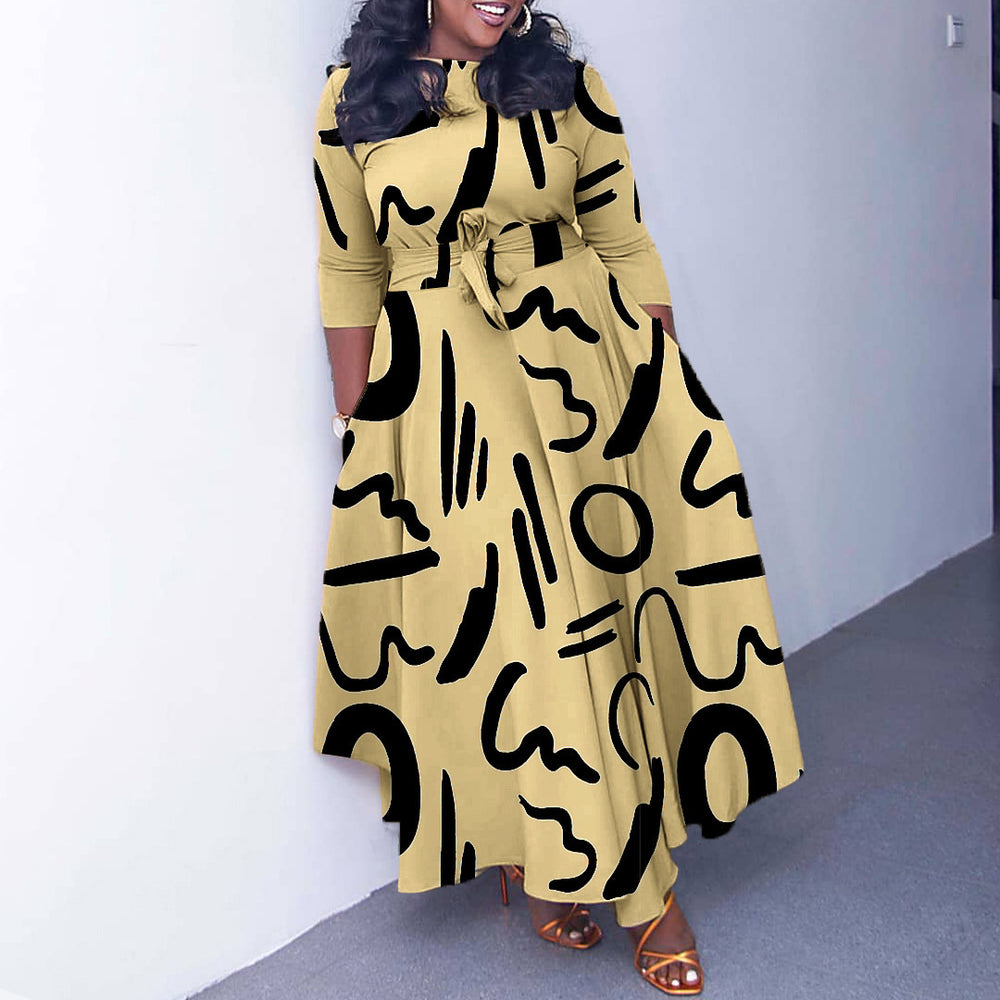 Amazon women's spring  new fashionable elegant printed tie-waist maxi dress - plus size available for export
