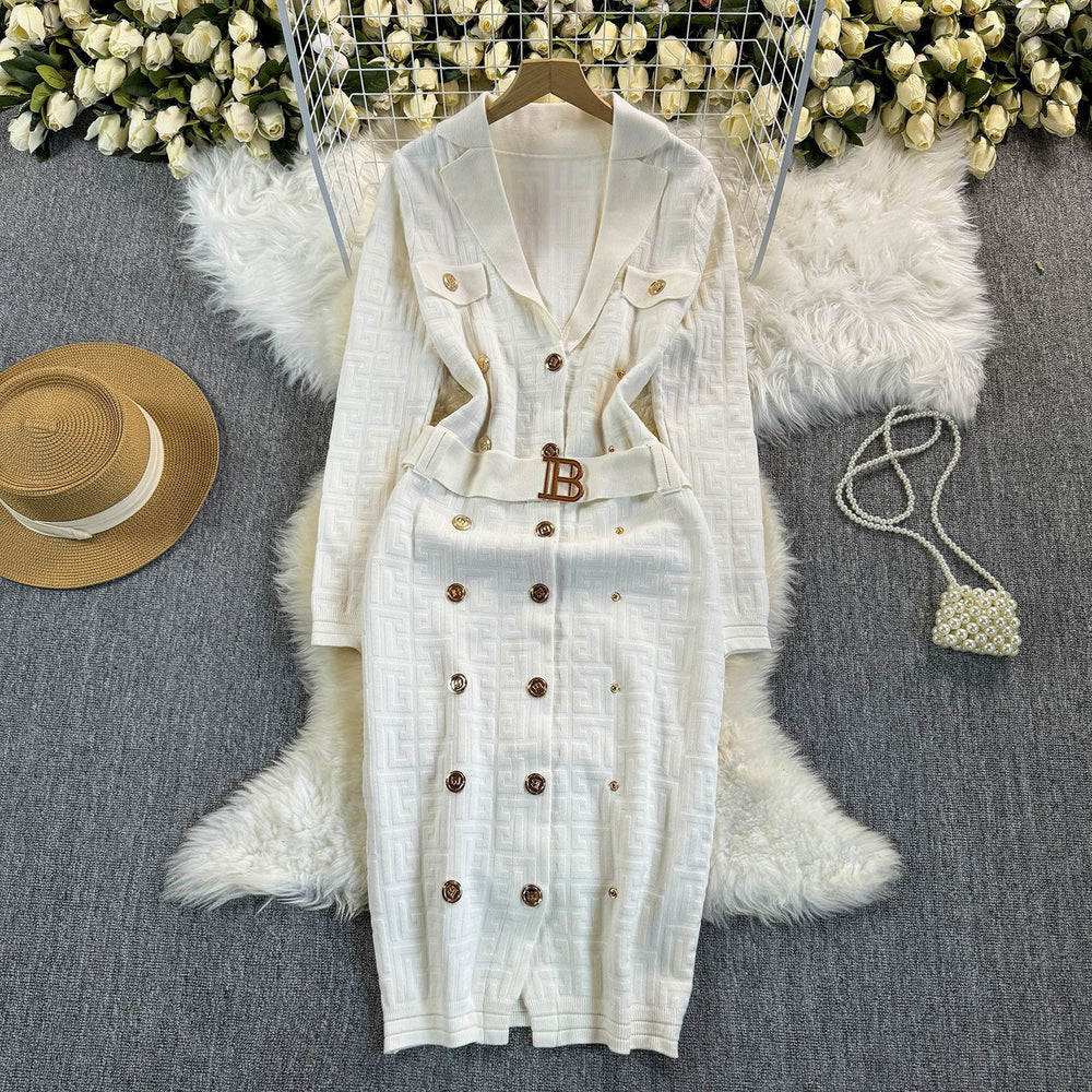 Fall and winter tweed style grids celebrity metal buttons double-breasted lapel waist silmknitting long skirt dress