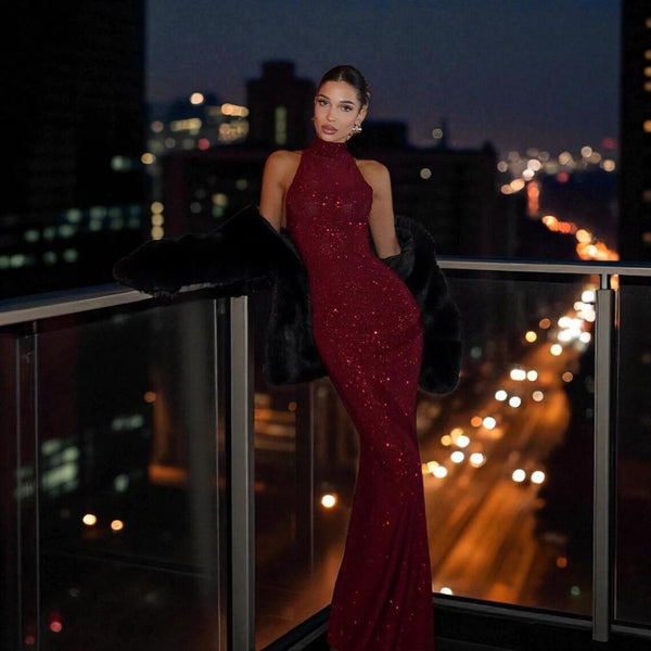 Foreign trade women's clothing European and American style, fashionable and sexy banquet red carpet dress, temperament neck and hip long dress