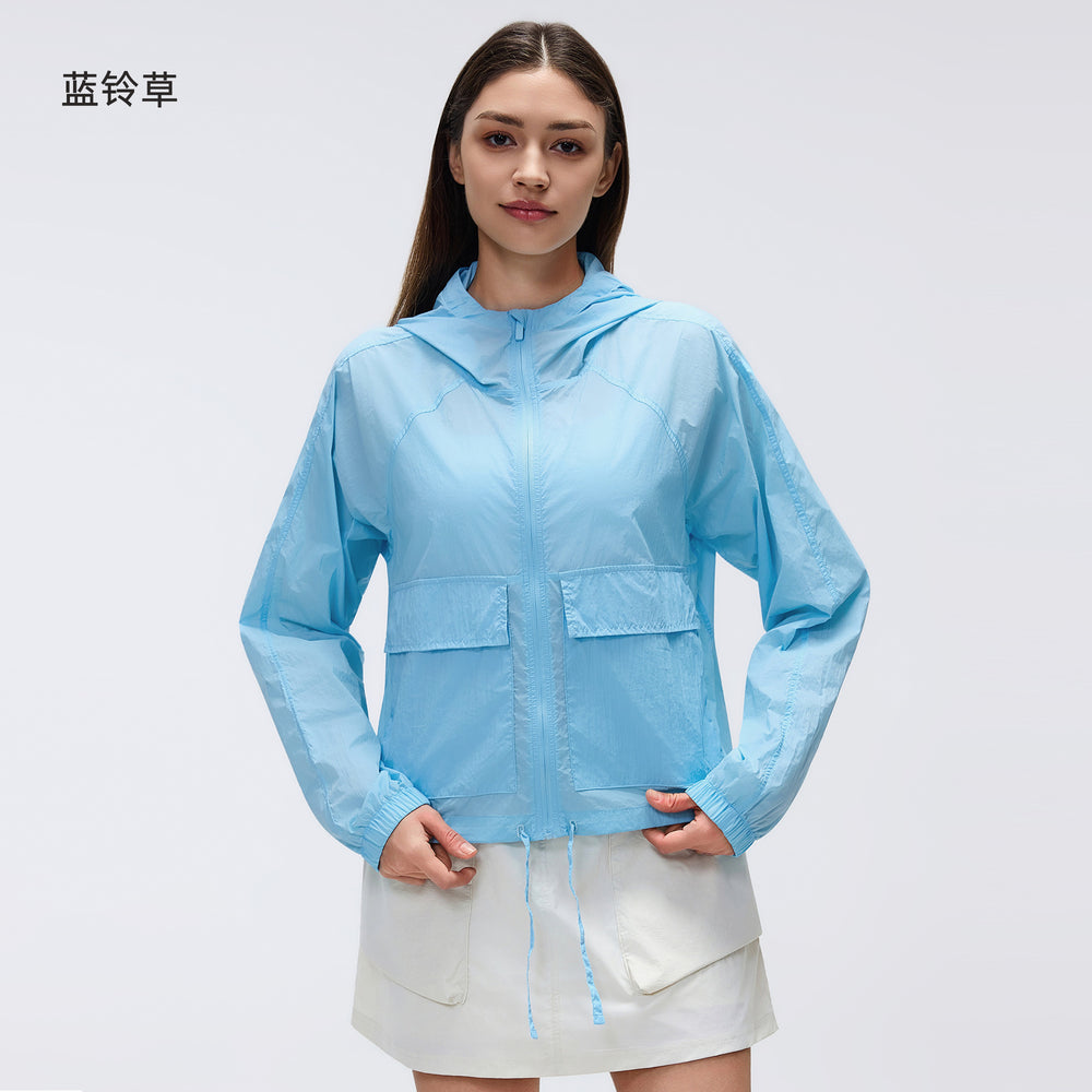 Outdoor lightweight sun protection hooded top, water-resistant cardigan, long sleeve breathable loose fit sports jacket for women d26006