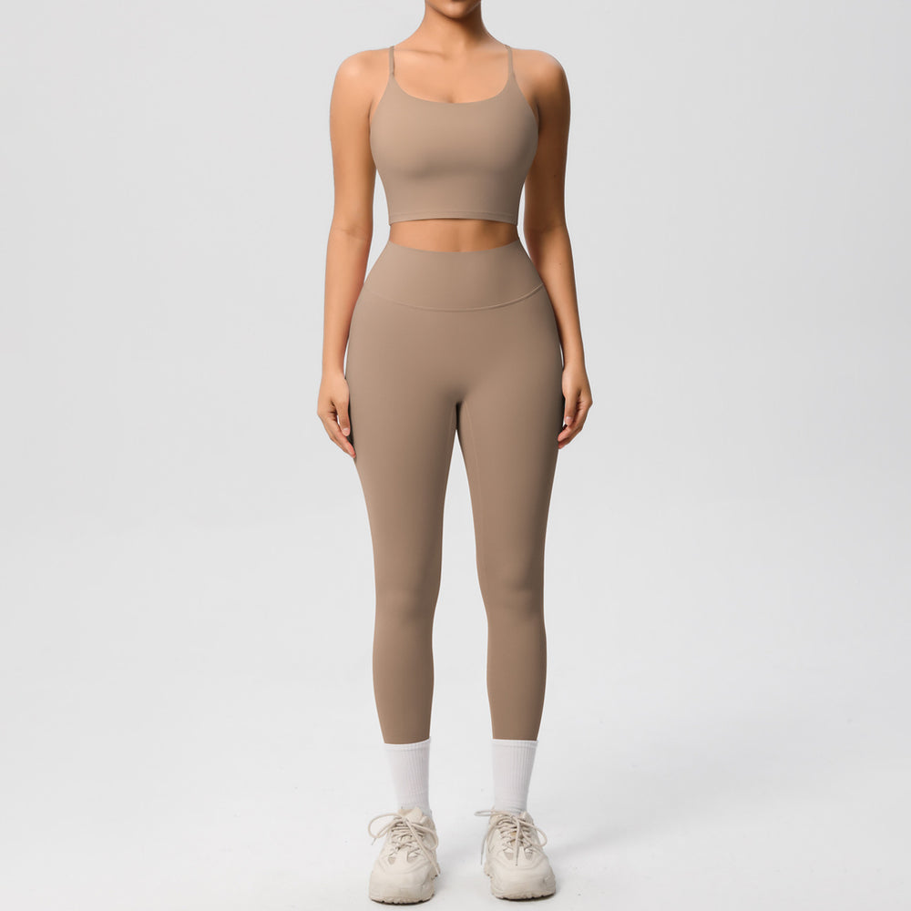 New arrival: double-sided brushed solid color seamless back compression yoga set - breathable workout outfit for running and fitness (two-piece)