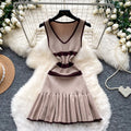 K-style v neckknittingstripes unique dress female salt style wear sleeveless waist elegant a-line skirt work clothing short skirt