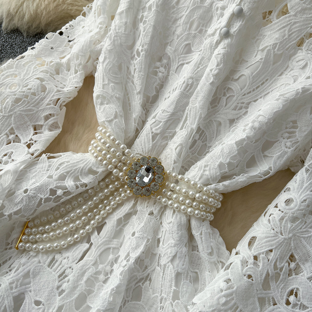 French retroelegancedresswinternew arrivalclassy sensecut out crochet lace waist elegant long skirt