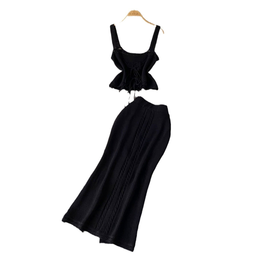 Women's summer knit two-piece vacation outfit: cutout tie-up cami top & high-waisted maxi skirt set
