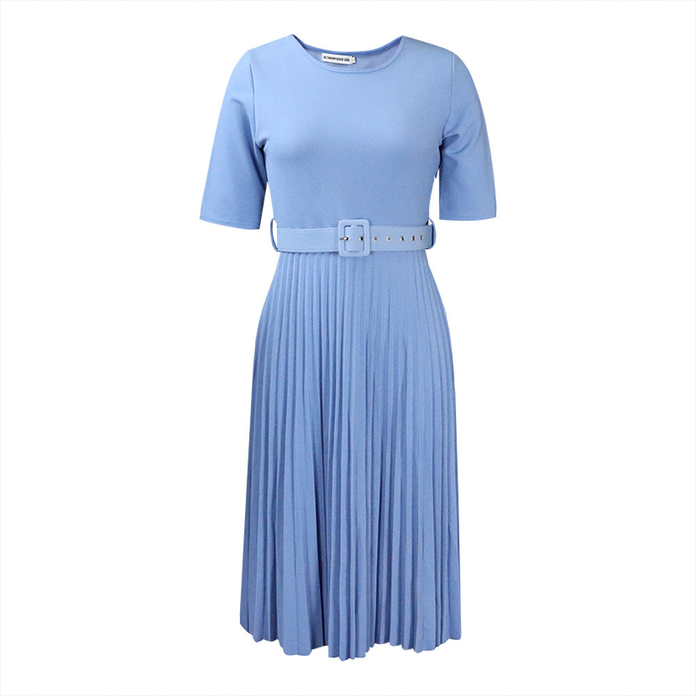 D028 dress - women's foreign trade summer  short sleeve high waist yellow pleated skirt african plus size european and american style dress
