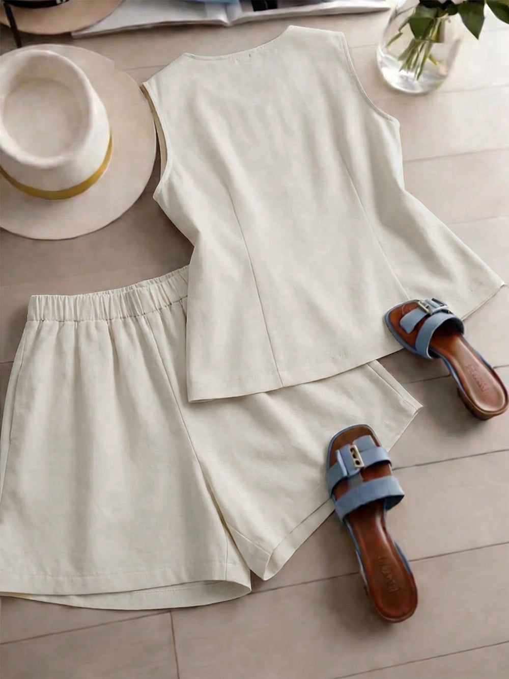 fashion  summer new arrival off-white sleeveless vest and shorts set - minimalist, commute-ready, and chic two-piece outfit