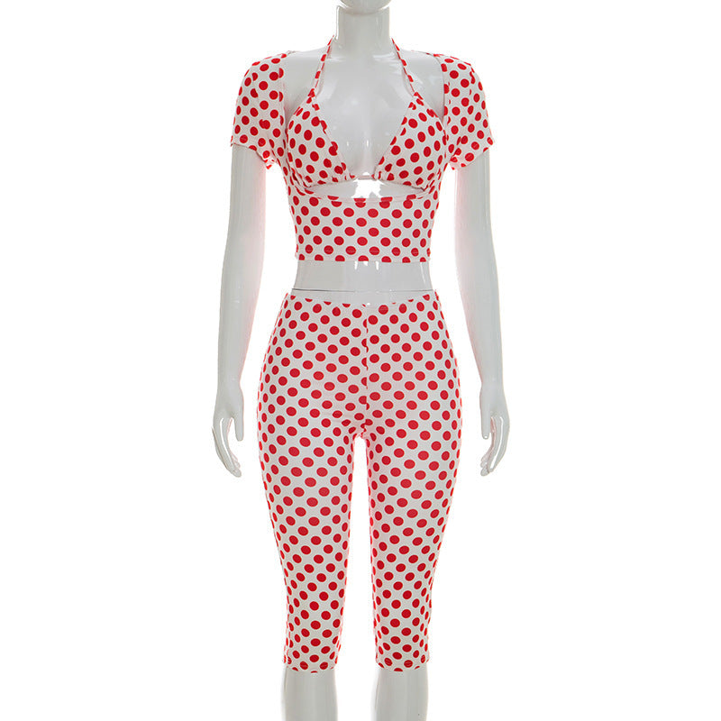Women's foreign trade  fashion european and american style hot selling sexy sleeveless dot print three-piece set  summer new arrival