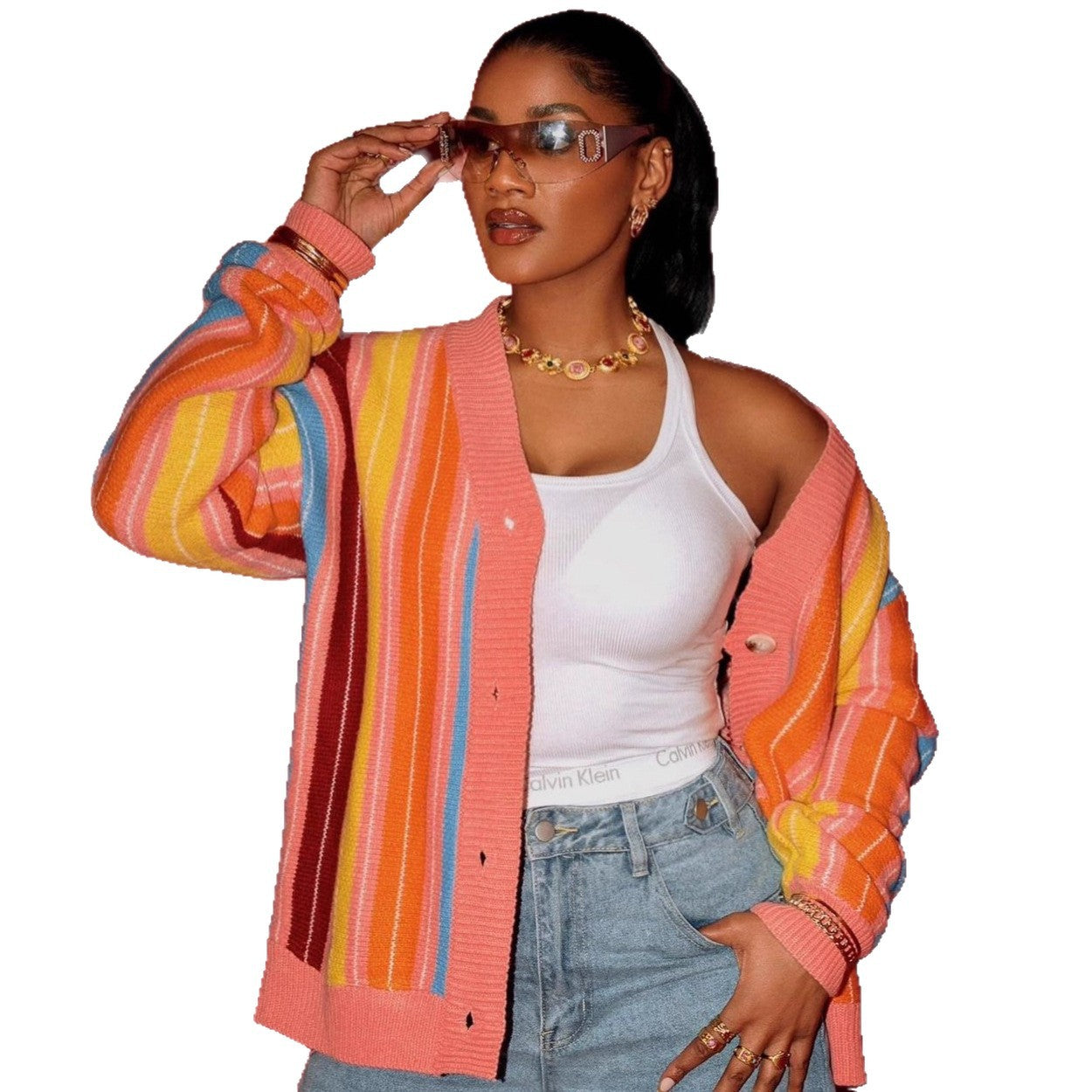 Cross-border European and American style 2025 new women's clothing fashion contrasting color knitted striped long-sleeved personalized loose knitted cardigan