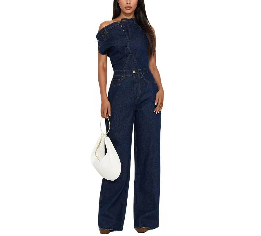 european and american new arrival cross-border  casual fashion bandeau off-the-shoulder slim-fit denim jumpsuit romper