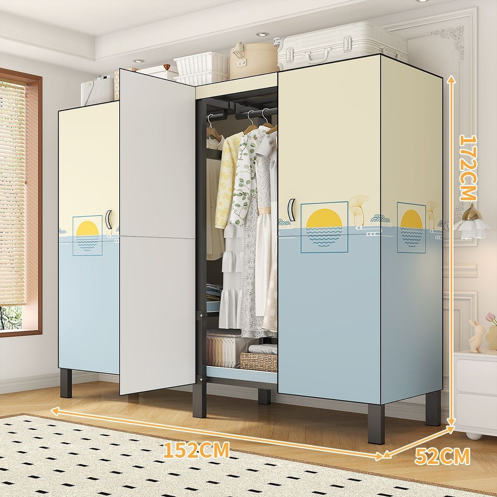 Easy-to-assemble, foldable wardrobe for bedrooms, ideal for home use or rental properties. dustproof, moisture-proof, with reinforced construction, fully sealed, and mildew-resistant. features a convenient swing-out door