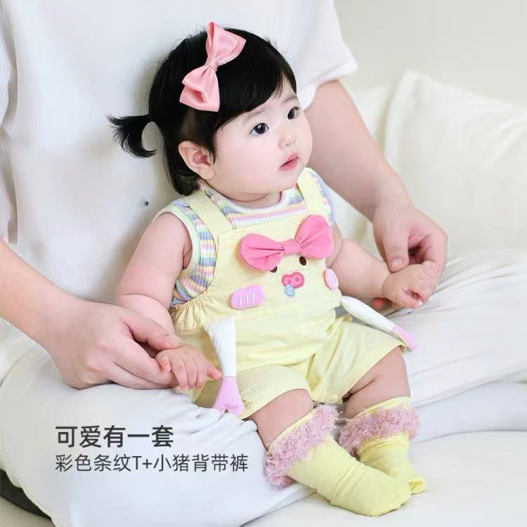 baby crawling suit kids summer short sleeve overalls suit infant baby cartoon piggy two-piece set trendy