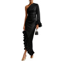 European and american cross-border new arrival: solid color satin off-the-shoulder sexy ruched asymmetrical dress