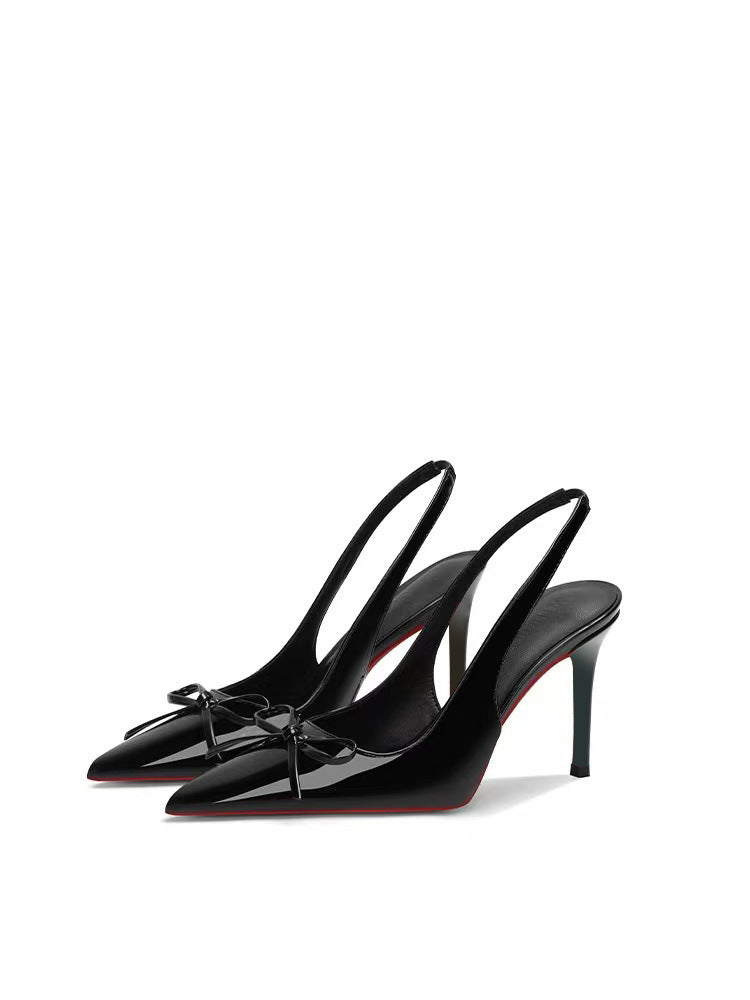 Nude high heels for women 2026 summer new arrival open back pointed toe stiletto shallow elegantflats red bottom bows sandals