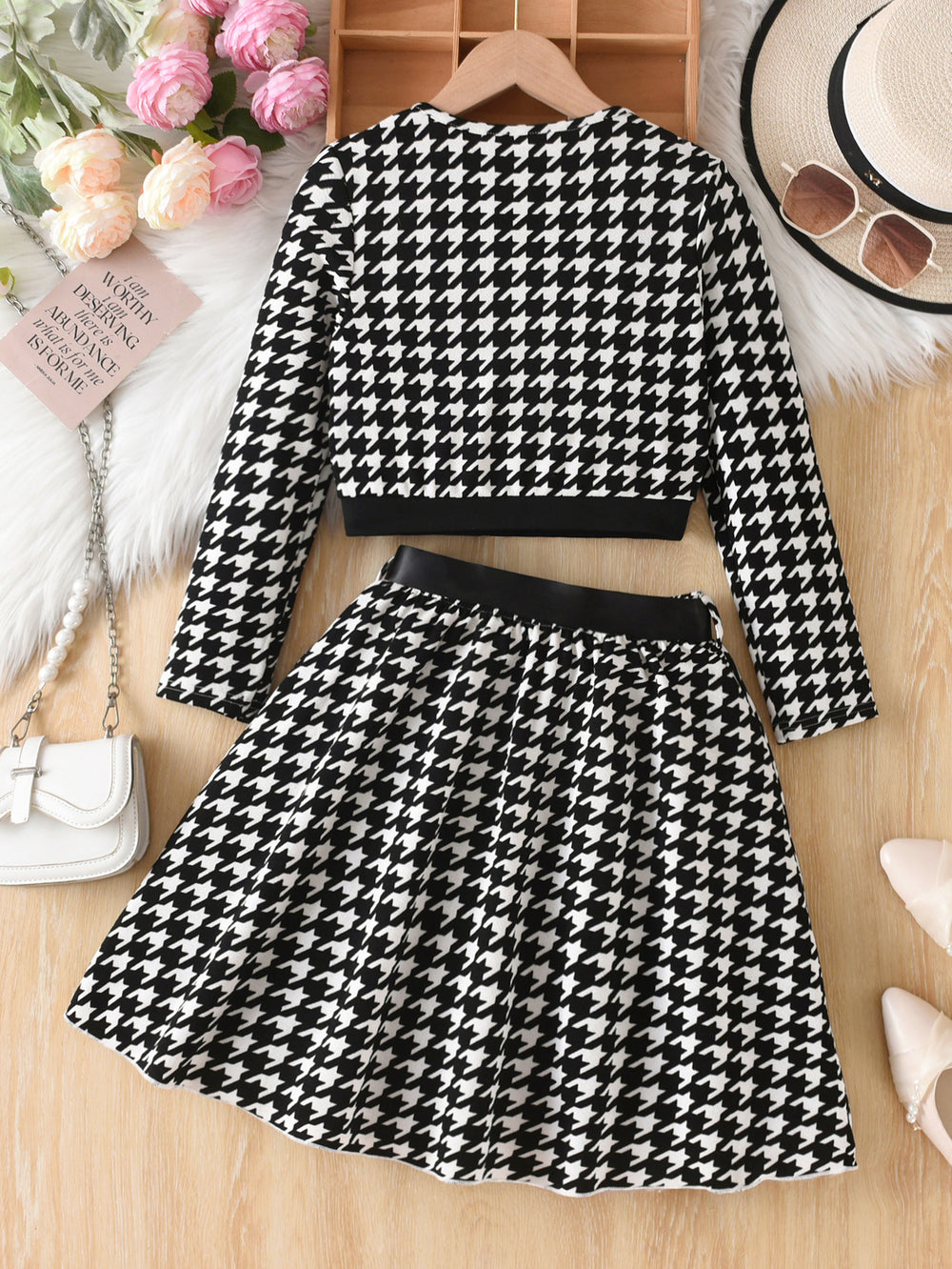 girl's tweed stylesuit chidori plaidlong sleevesoutwearbows belt skirt kidstwo-piece set