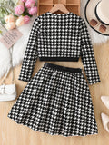 girl's tweed stylesuit chidori plaidlong sleevesoutwearbows belt skirt kidstwo-piece set