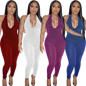 S390466  cross-border fashion sexy silver thread stretch sleeveless halter bodysuit for women