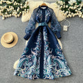 Vintage ethnic lantern sleeve printed dress - women's summer stand collar, slimming a-line maxi dress - elegant & chic