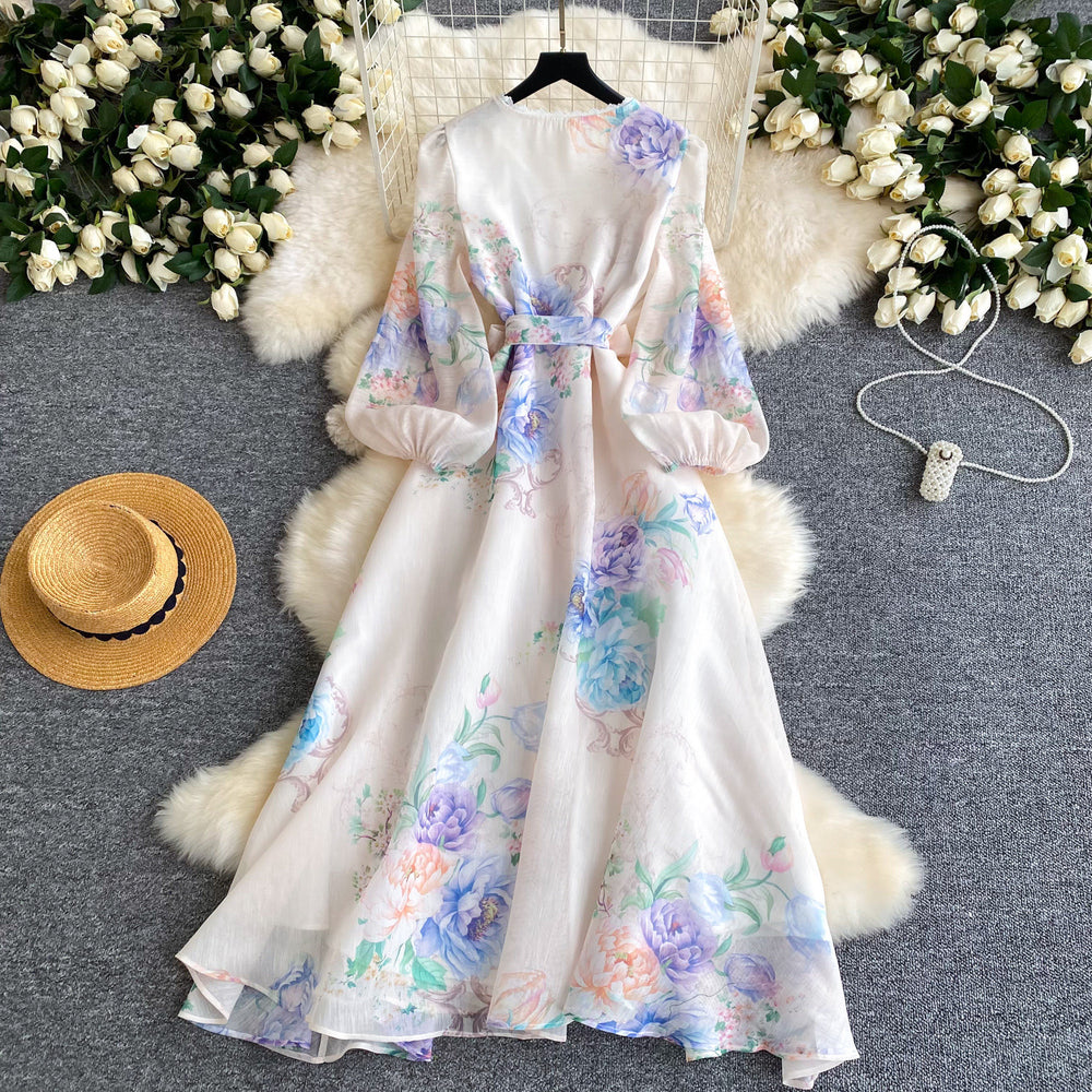 French sweet style printed flared sleeve dress - women's spring long sleeve, slimming a-line maxi dress - commute chic & elegant