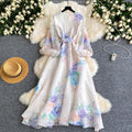 French sweet style printed flared sleeve dress - women's spring long sleeve, slimming a-line maxi dress - commute chic & elegant