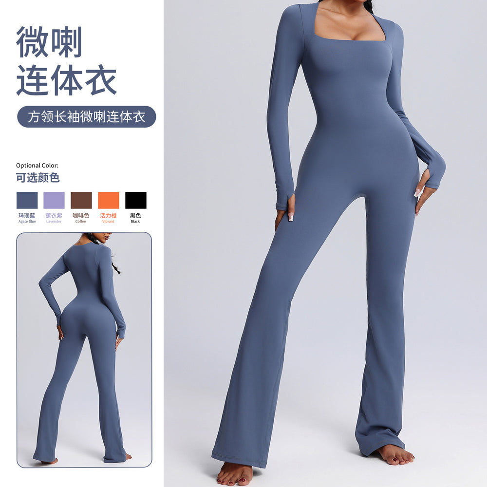 european and american new long-sleeve bodysuit yoga outfit - high-stretch, breathable dance & fitness activewear - women's flare leg bodysuit