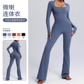 european and american new long-sleeve bodysuit yoga outfit - high-stretch, breathable dance & fitness activewear - women's flare leg bodysuit