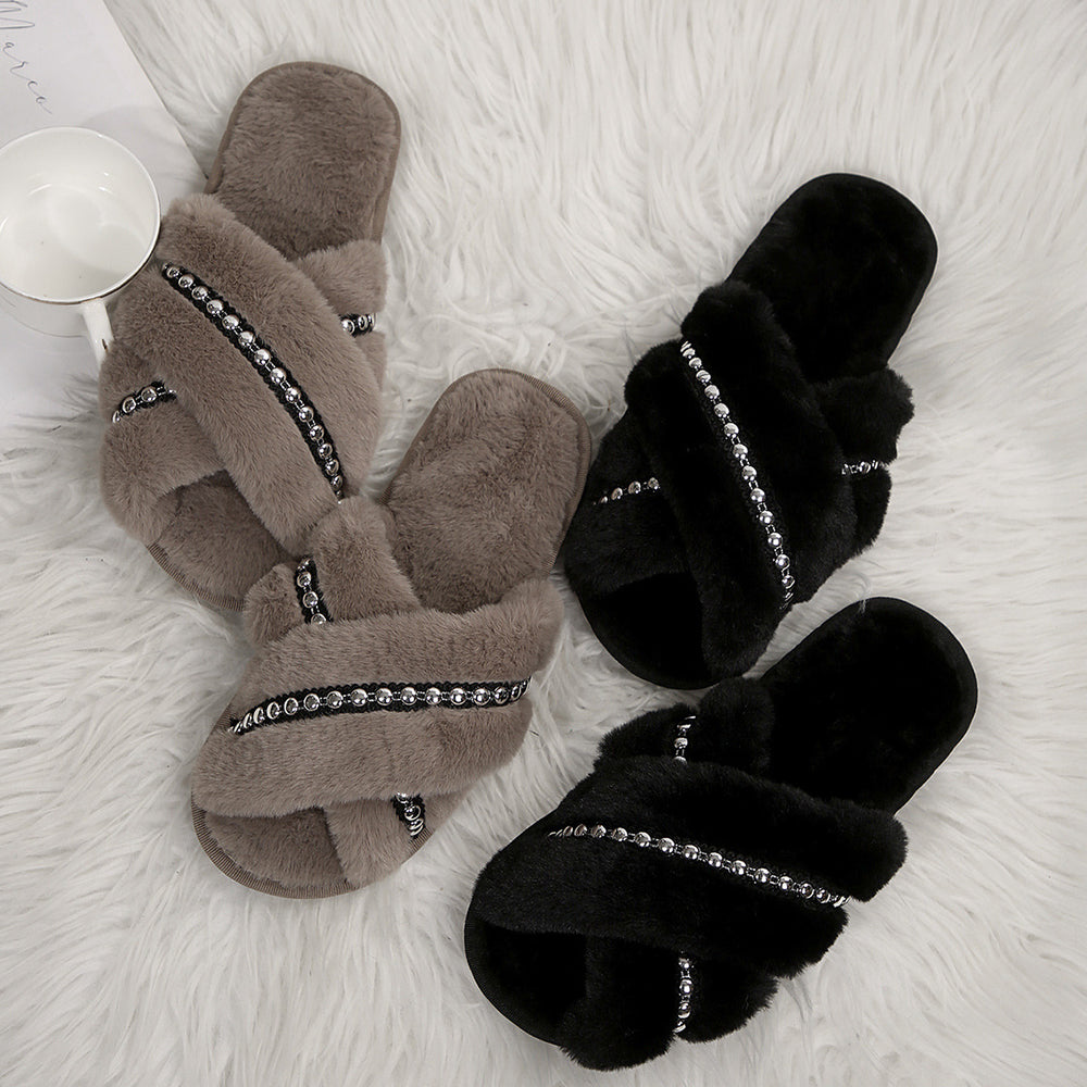 Plus sizenew arrival cross-top fur slippers for women home indoor and outdoor flats rhinestone flip-flops wooden floor cotton slippers