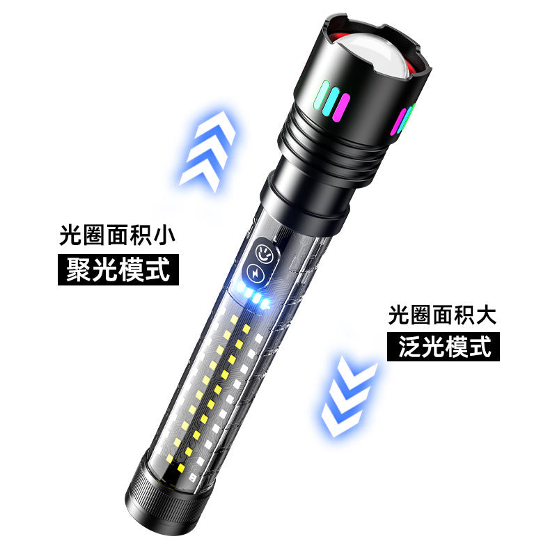 Cross-border new white laser LED flashlight charging outdoor zoom with side light red and blue warning strong light flashlight