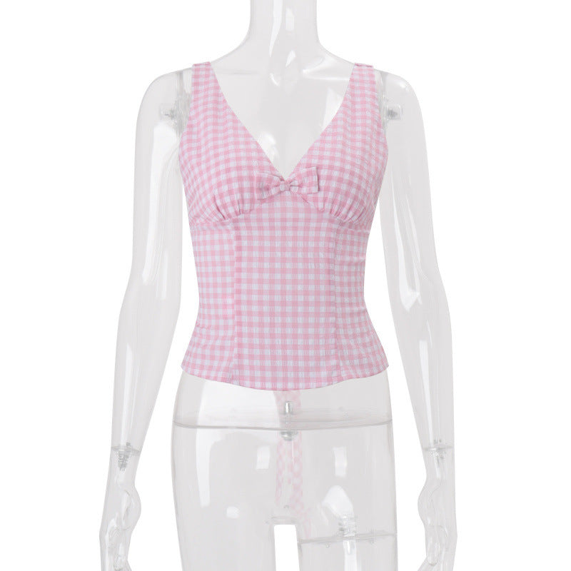 European and american women's clothing  spring new arrivals: fashionable retro fresh plaid sexy deep v backless cinched waist camisole top