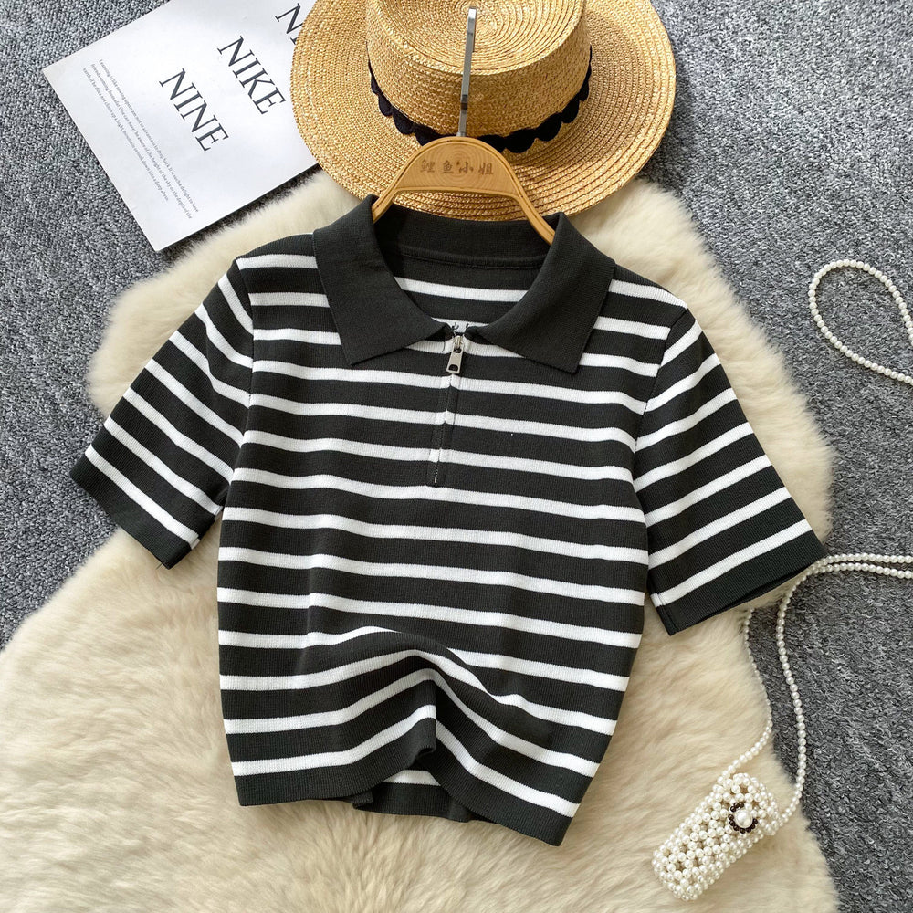 Women's short-sleeve knit top -  summer korean style, trendy color block striped tee, versatile top