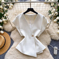 Korean style v-neck short sleeve shirt for women -  spring collection - unique, asymmetrical design - commuter chic cardigan top