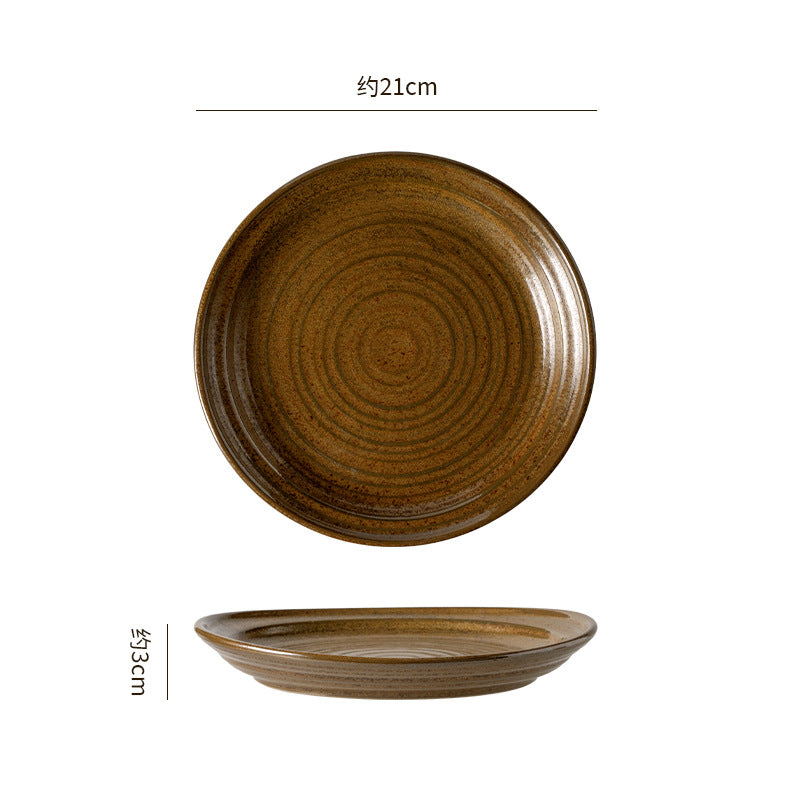 Japanese retro high-value ceramic steak plate, unique ceramic banquet kiln-change platter, dessert linear pattern dish